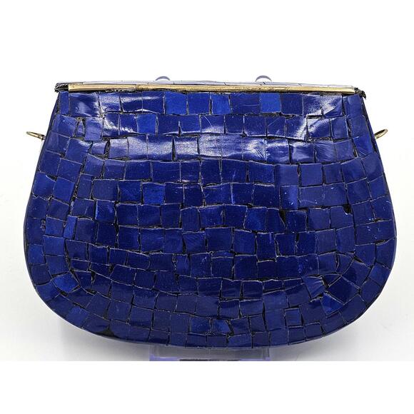 Ramla Vintage Mosaic Floral Blue Clutch Purse